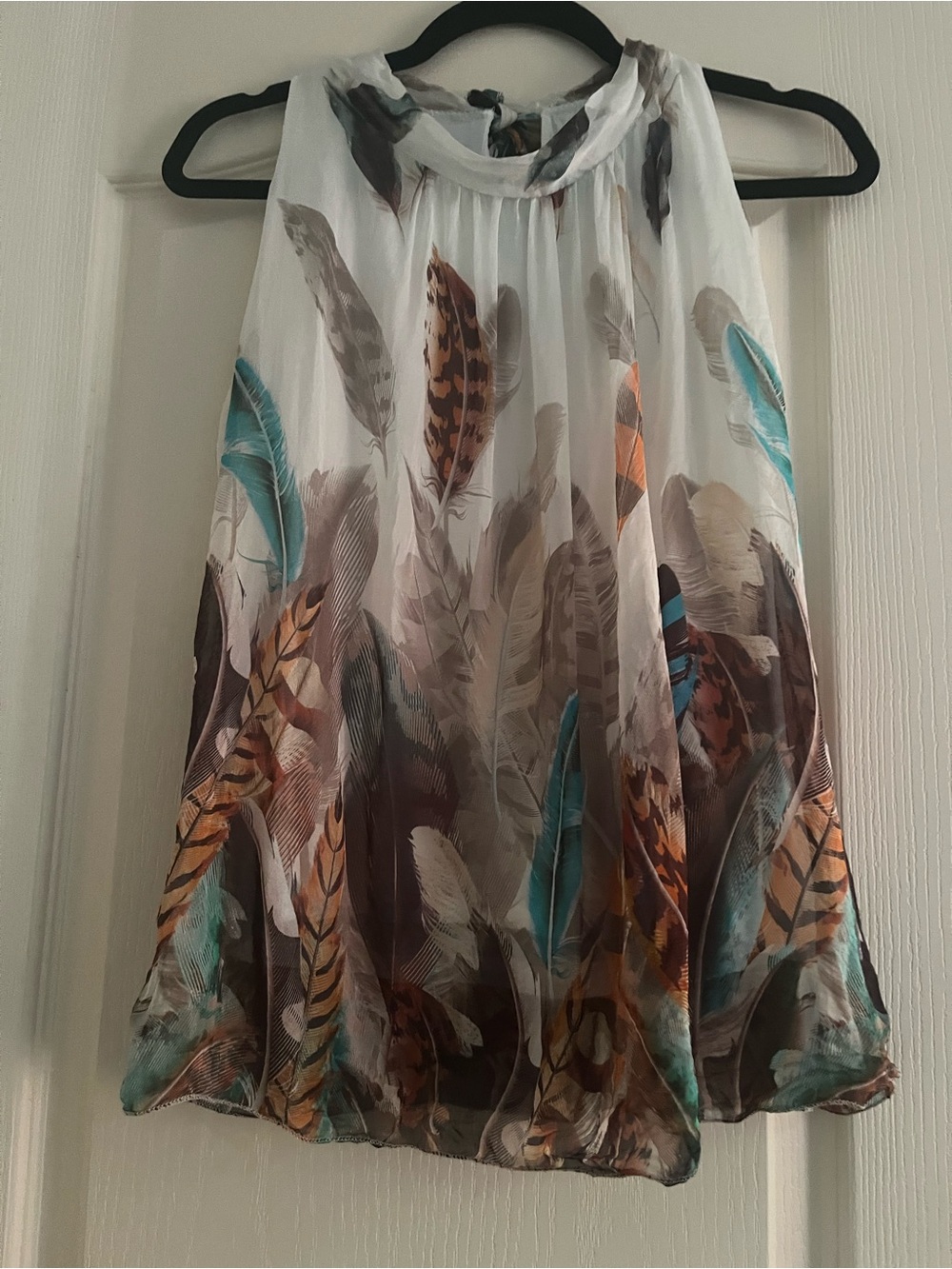 Boho Feather Print Silk Blend Blouse Top Made in Italy Sleeveless lightweight